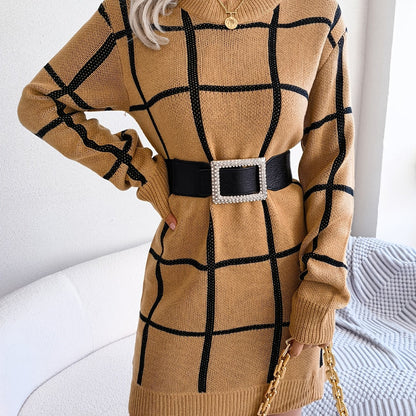 2025 gbolsos  Color Block Plaid Round Neck Long Sleeve Sweater Dress, Bag Hip Casual Bodycon Loose Dress, Women's Clothing