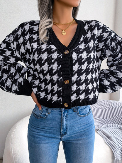 2025 gbolsos  Houndstooth Button Up Cardigan, Long Sleeve V Neck Casual Sweater, Women's Clothing