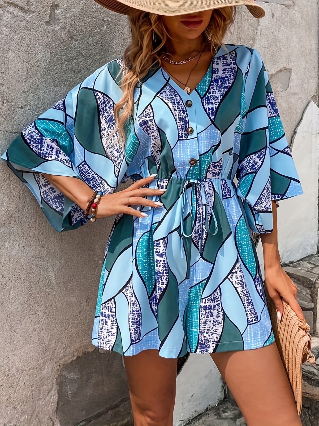 elveswallet  Allover Print Romper Jumpsuit, Casual Loose Drawstring Waist 3/4 Sleeve Romper Jumpsuit, Women's Clothing