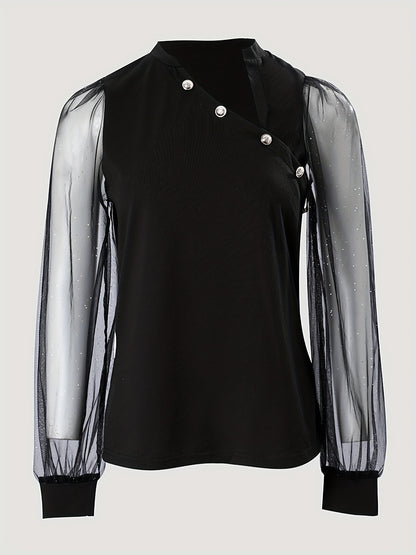 kkboxly  Solid Sheer Sleeve T-shirt, Casual Asymmetrical Buttons T-shirt For Spring & Fall, Women's Clothing