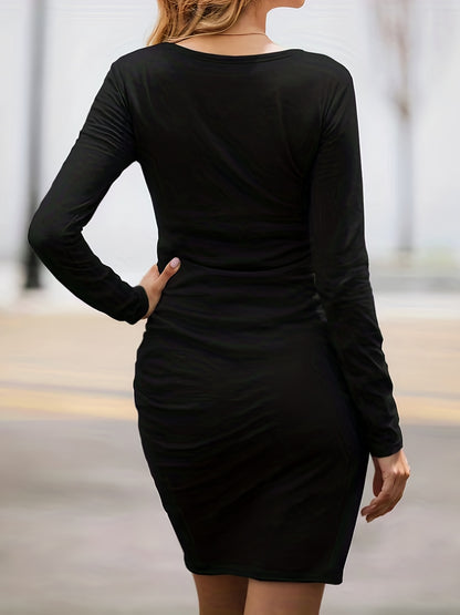 gbolsos  Solid Ruched Dress, Elegant Asymmetrical Hem Long Sleeve Dress, Women's Clothing