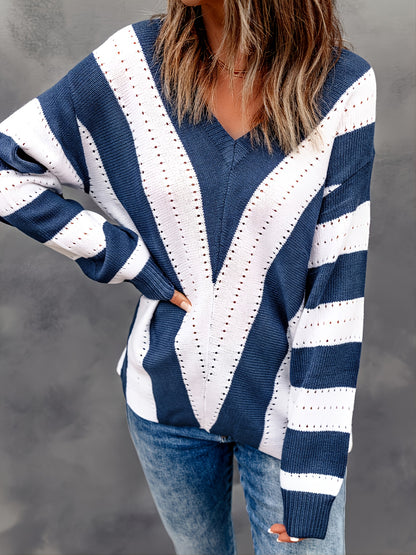 2025 gbolsos  Women's Sweater Striped Colorblock V-Neck Knit Sweater
