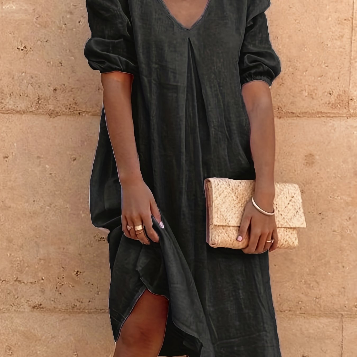 Solid V Neck Dress, Casual Short Sleeve Dress For Spring & Summer, Women's Clothing