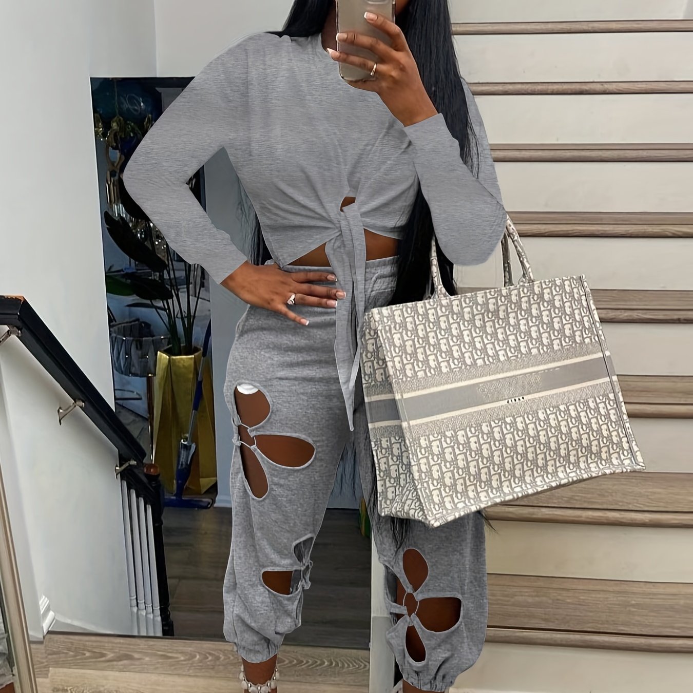 gbolsos  Solid Sexy Two-piece Set, Knotted Long Sleeve Tops & Cut Out Long Length Pants Outfits, Women's Clothing