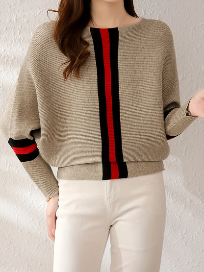 gbolsos  Color Block Boat Neck Knit Sweater, Elegant Long Sleeve Sweater, Women's Clothing