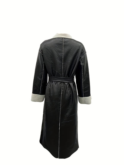 gbolsos  Contrast Trim Faux Leather Overcoat, Vintage Lapel Long Sleeve Patched Pockets Belted Overcoat, Women's Clothing