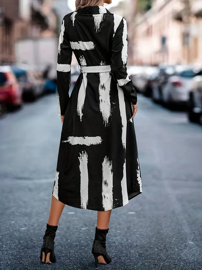 gbolsos  Brush Print Midi Dress, Elegant Button Front Long Sleeve Shirt Dress, Women's Clothing