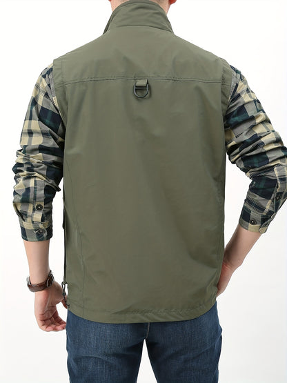 gbolsos   Zipper Pockets Cargo Vest, Men's Casual Outwear Stand Collar Zip Up Vest For Summer Outdoor Fishing Photography