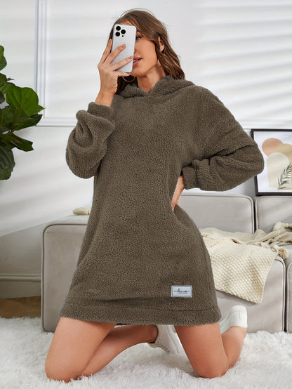 Hooded Teddy Dress, Casual Long Sleeve Simple Warm Dress, Women's Clothing