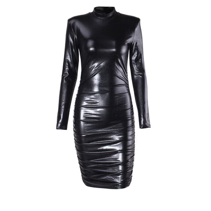 Long Sleeve Ruched Dress, Sexy Party Casual Dress For With Shoulder Pads, Women's Clothing