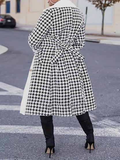 solvbao  Plus Size Casual Coat, Women's Plus Colorblock Houndstooth Print Double Button Long Sleeve Lapel Collar Belted Overcoat