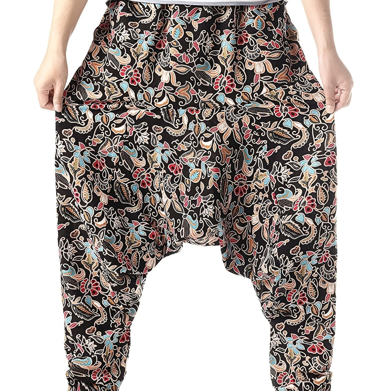 gbolsos Ethnic Pattern Vintage Cotton Harem Pants, Men's Casual Drop Crotch Jogging Harem Pants For Spring Summer