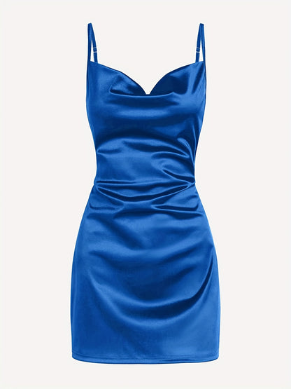 Solid Cowl Neck Spaghetti Dress, Sexy Tie Back Bodycon Cami Dress For Summer, Women's Clothing