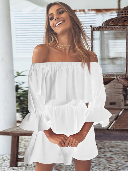 gbolsos  Solid Off Shoulder Lantern Sleeve Dress, Casual Summer Pleated Mini Dress, Women's Clothing