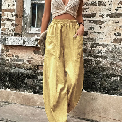 gbolsos  Boho Solid Elastic Waist Harem Pants, Casual Long Length Baggy Pants With Pockets For Spring & Summer, Women's Clothing