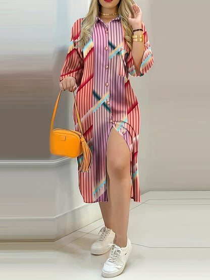 gbolsos  Color Block Floral Print Shirt Dress, Casual Button Pocket Dress, Women's Clothing