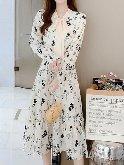 gbolsos  Floral Print High Waist Dress, Elegant Long Sleeve Ruched Maxi Dress, Women's Clothing