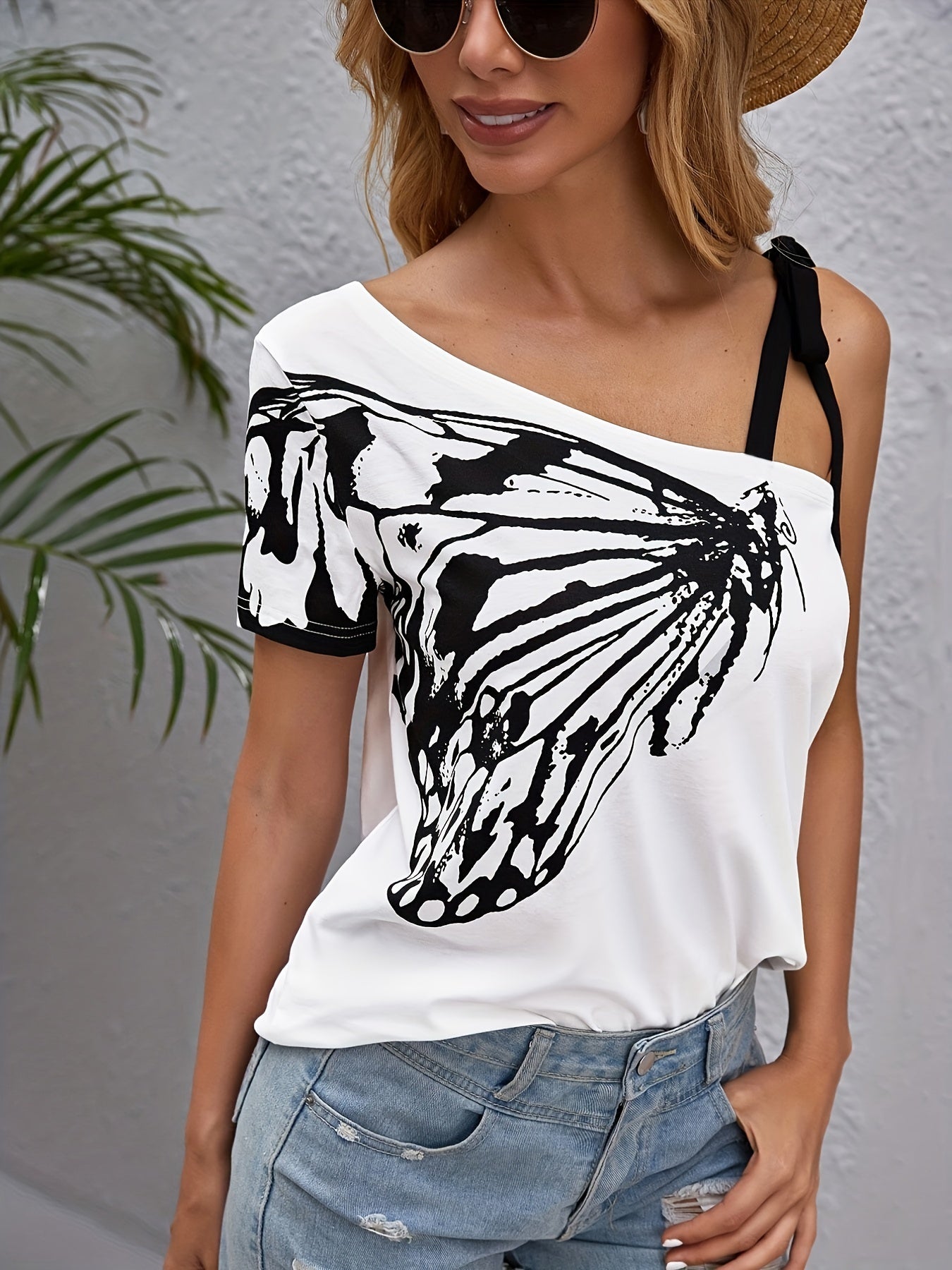 gbolsos  Butterfly Print Asymmetrical T-Shirt, Casual Short Sleeve T-Shirt For Spring & Summer, Women's Clothing