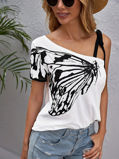 gbolsos  Butterfly Print Asymmetrical T-Shirt, Casual Short Sleeve T-Shirt For Spring & Summer, Women's Clothing