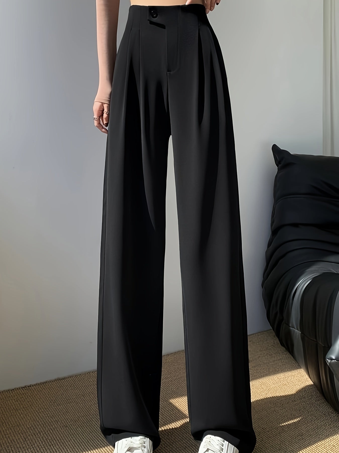 gbolsos Solid High Waist Pants, Casual Wide Leg Button Pants, Women's Clothing