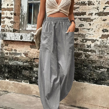 gbolsos  Boho Solid Elastic Waist Harem Pants, Casual Long Length Baggy Pants With Pockets For Spring & Summer, Women's Clothing