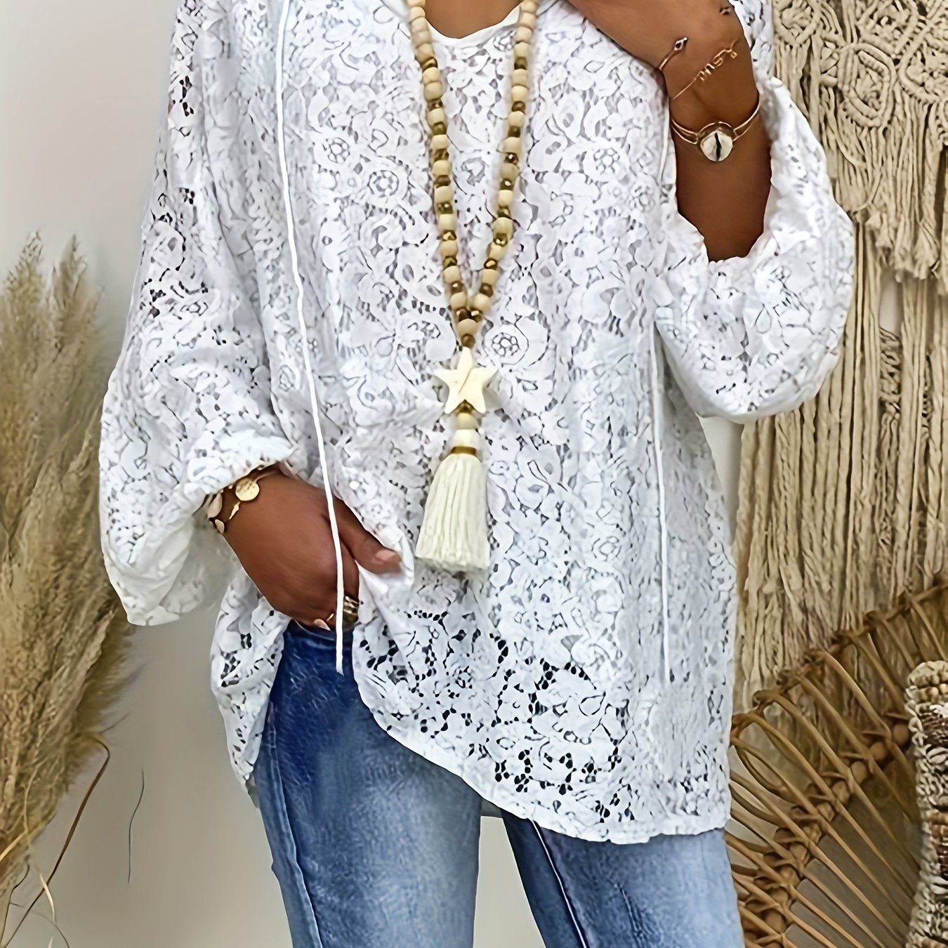 Solid Contrast Lace Blouse, Elegant Tie Front Long Sleeve Blouse, Women's Clothing
