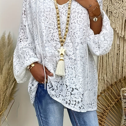Solid Contrast Lace Blouse, Elegant Tie Front Long Sleeve Blouse, Women's Clothing