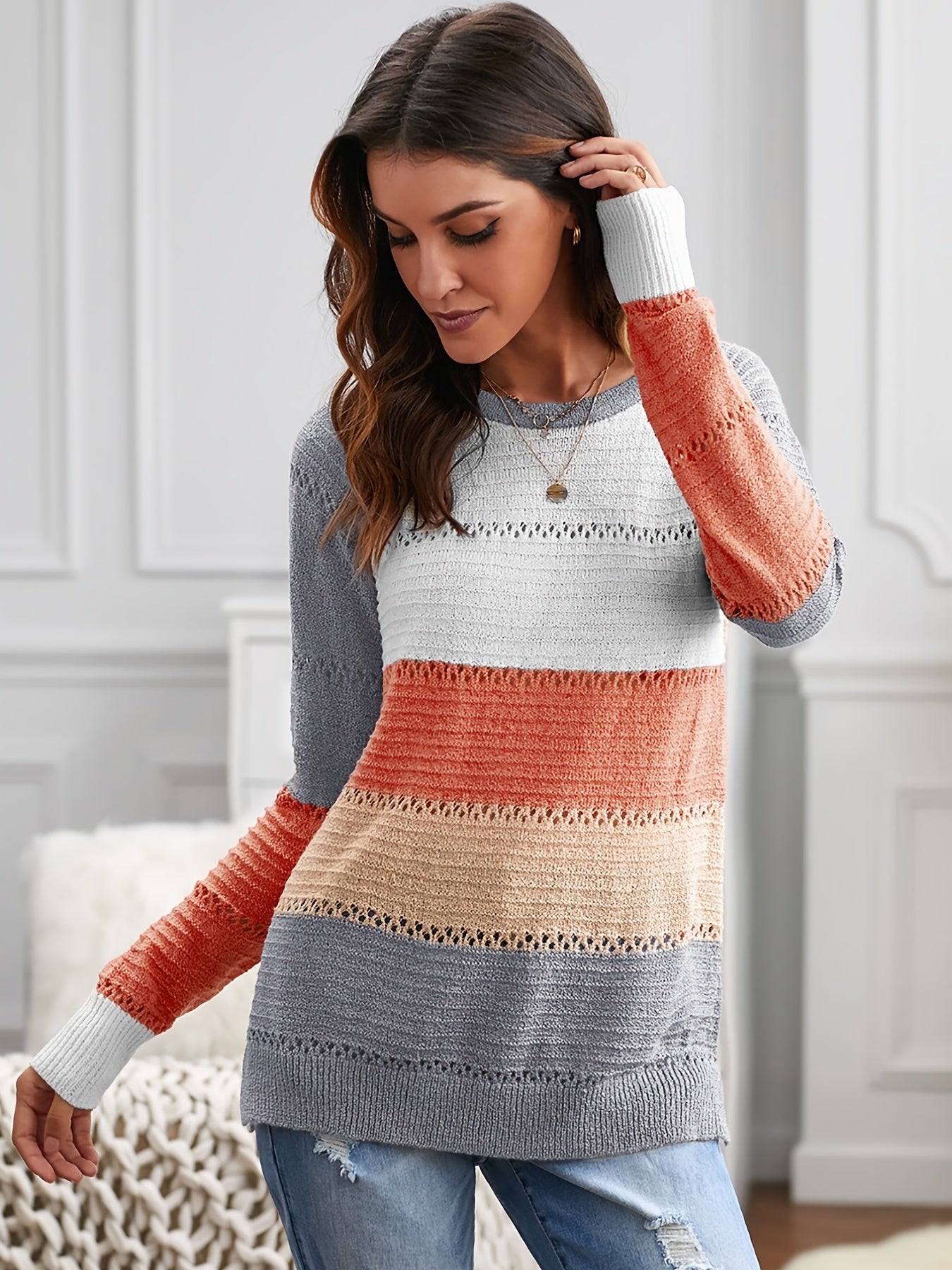 2025 gbolsos  Women's Casual Crew Neck Color Block Sweater, Long Sleeve Fall Winter Sweater, Women's Clothing