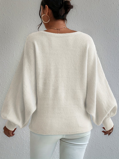 gbolsos  Graphic Pattern Boat Neck Pullover Sweater, Elegant Lantern Sleeve Oversized Sweater, Women's Clothing