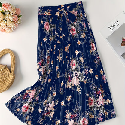 Vintage Floral Print Skirts, Elegant Pleated Tie Waist Daily Skirts, Women's Clothing
