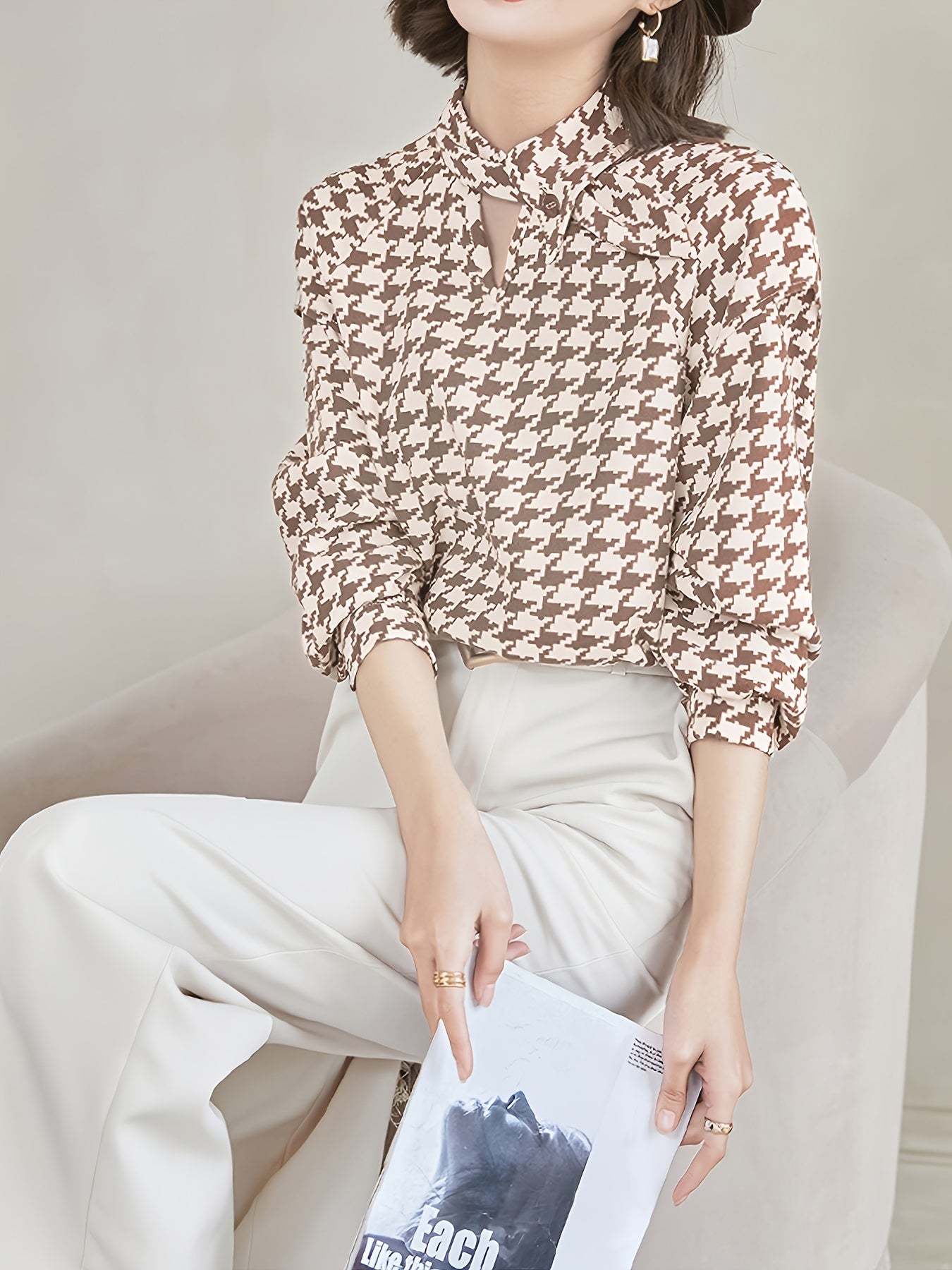 gbolsos  Houndstooth Print Shirt, Elegant Stand Collar Long Sleeve Shirt, Women's Clothing