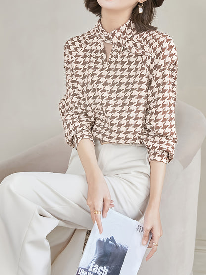 gbolsos  Houndstooth Print Shirt, Elegant Stand Collar Long Sleeve Shirt, Women's Clothing