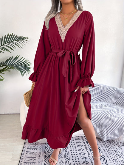 2025 gbolsos  Long Sleeve Tie Waist Dress, Lace Trim Ruffle Hem V Neck Dress, Casual Dress For Fall & Spring, Women's Clothing