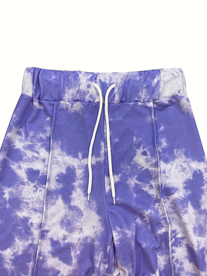 Tie Dye Two-piece Set, Asymmetrical Neck Long Sleeve Crop Top & Drawstring Wide Leg Pants Outfits, Women's Clothing