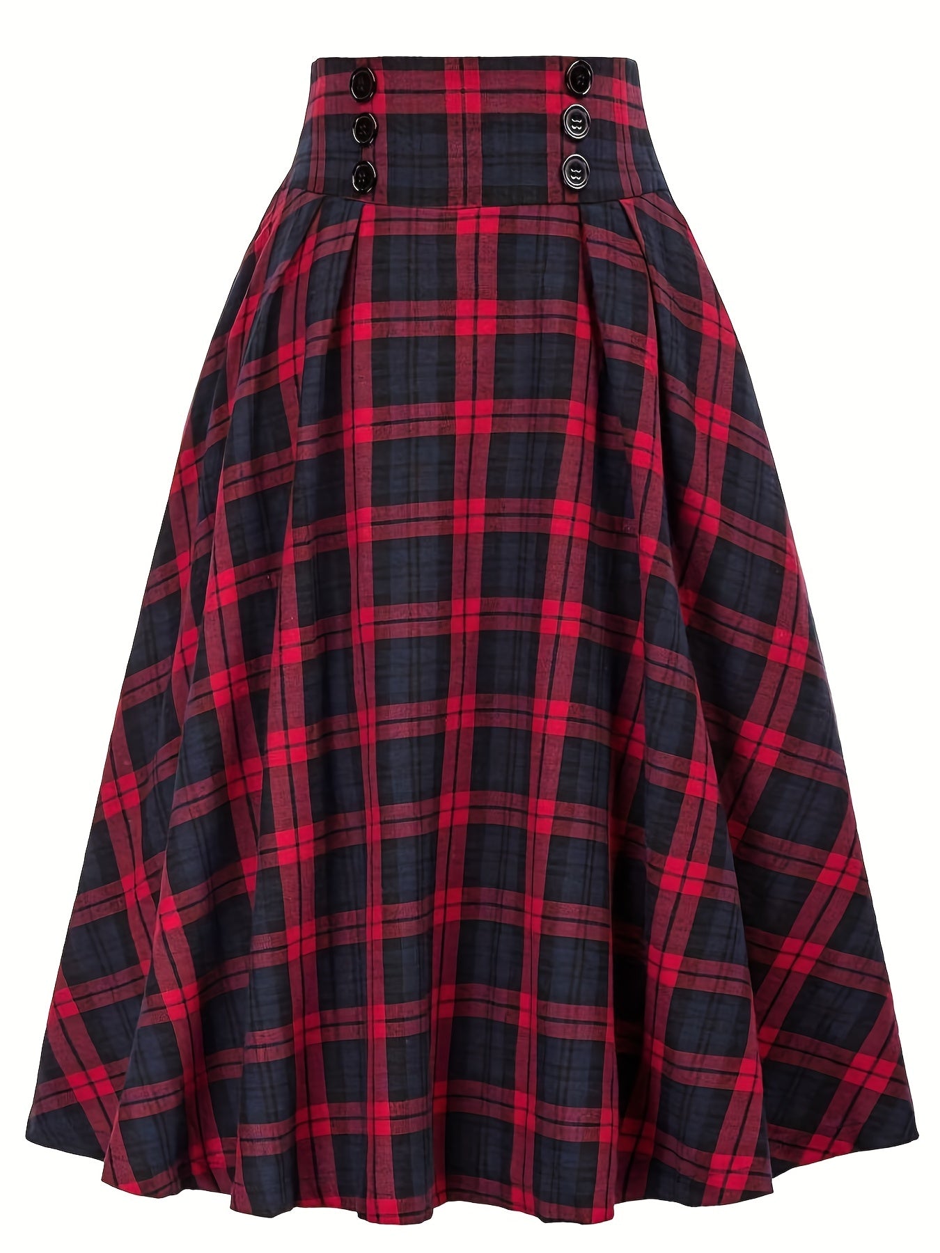 gbolsos  Plus Size Grunge Skirt, Women's Plus Plaid Print Button Decor Elastic Ruffle Skirt
