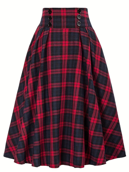 gbolsos  Plus Size Grunge Skirt, Women's Plus Plaid Print Button Decor Elastic Ruffle Skirt