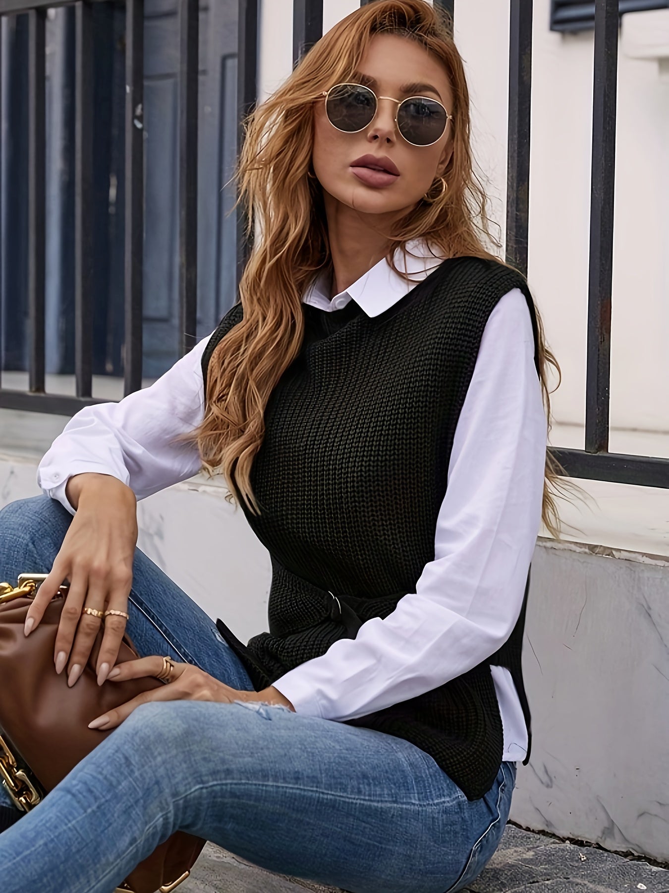 gbolsos Solid Knitted Sweater Vest, Casual Crew Neck Sleeveless Vest, Women's Clothing