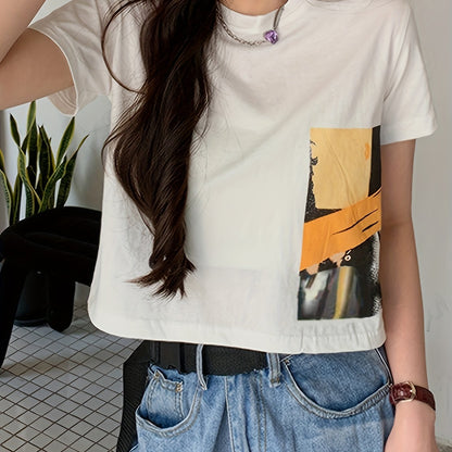 gbolsos  Y2K Figure Print Crop T-Shirt, Casual Crew Neck Short Sleeve T-Shirt For Spring & Summer, Women's Clothing