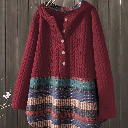 gbolsos  Tribal Print Long Sleeve Hooded Padded Jacket, Casual Button Front Loose Hem Outerwear, Women's Clothing