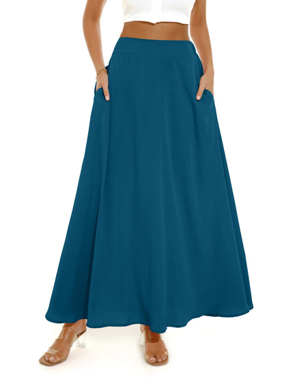 gbolsos  Pleated Long Skirt, Loose Solid Casual Skirt For Spring & Summer, Women's Clothing
