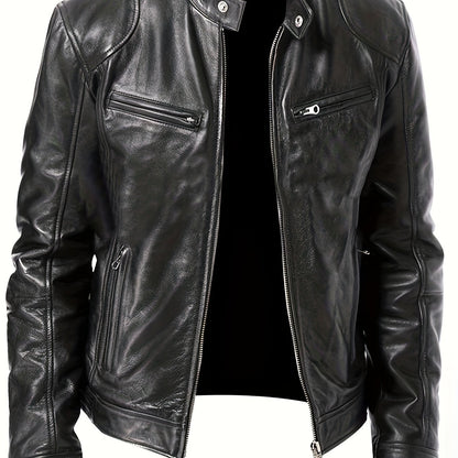 gbolsos  Chic PU Jacket, Men's Casual Solid Color Zip Up Stand Collar Faux Leather Jacket For Spring Fall