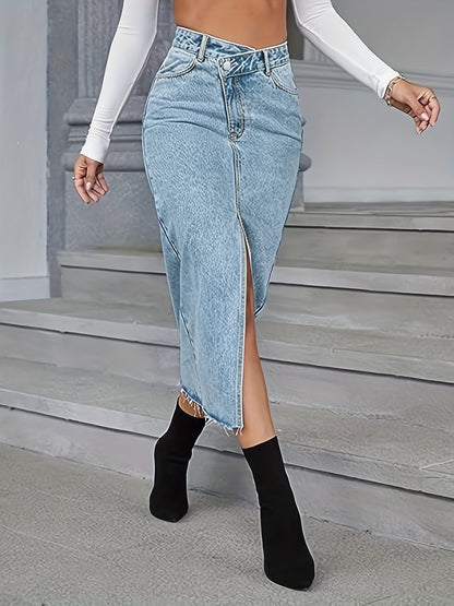 Blue Raw Cut Denim Skirt, Asymmetrical Waist Slant Pockets Washed Denim Midi Skirt, Women's Denim Clothing