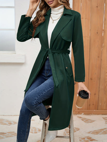 Comfy Belted Trench Coat, Elegant Lapel Neck Long Sleeve Coat, Women's Clothing
