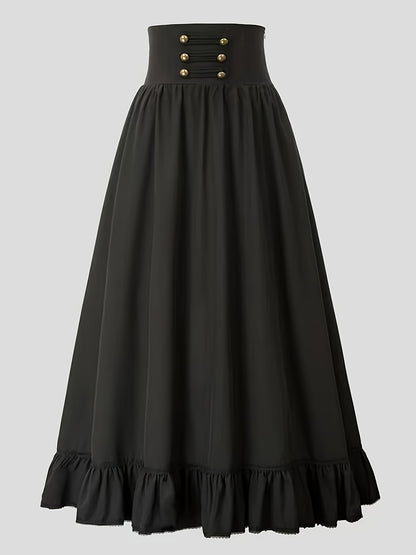 gbolsos  Solid High Waist Button Decor Skirt, Casual A-line Ruffle Hem Lace Up Skirt, Women's Clothing