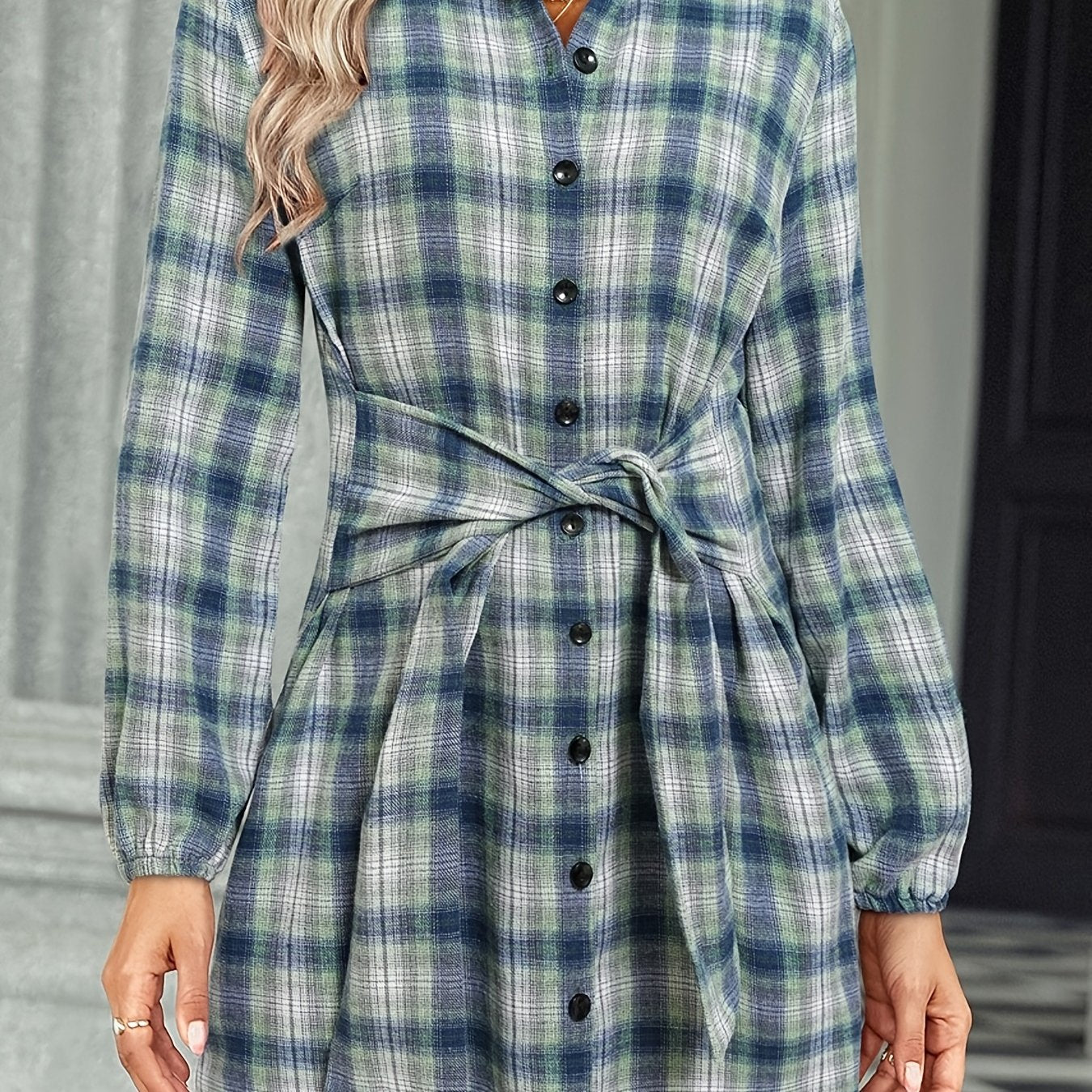 gbolsos  Preppy Stylish Plaid Belted Dress, Button Down Long Sleeve Dress, Casual Every Day Dress, Women's Clothing