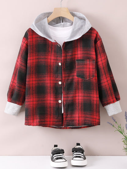 gbolsos  Boys Fashion Plaid Hooded Jacket, Long Sleeve Button Down Hooded Jacket, Kids Clothing