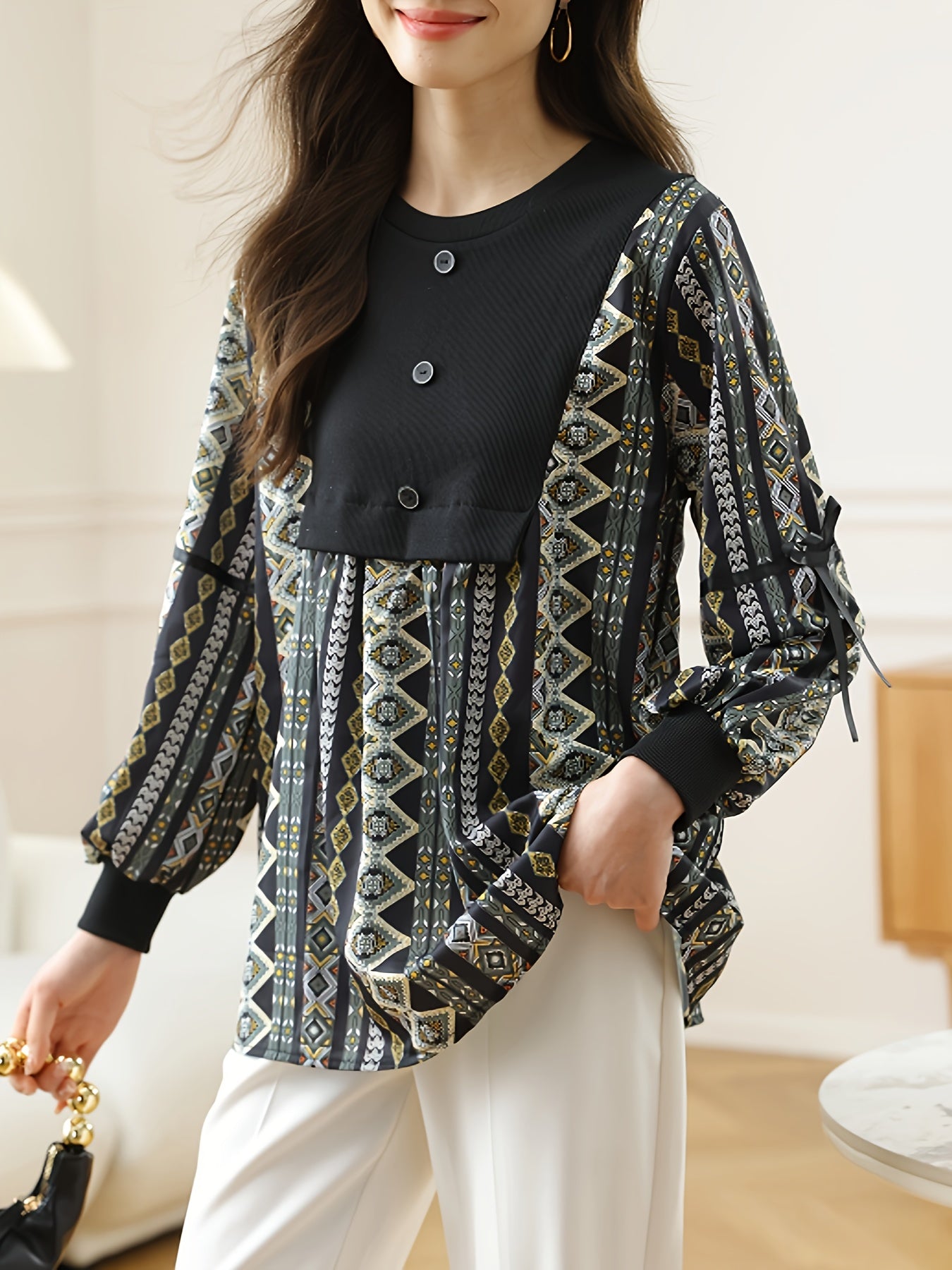 gbolsos  Vintage Graphic Print Splicing Top, Elegant Button Front Lantern Sleeve Top For Spring & Fall, Women's Clothing