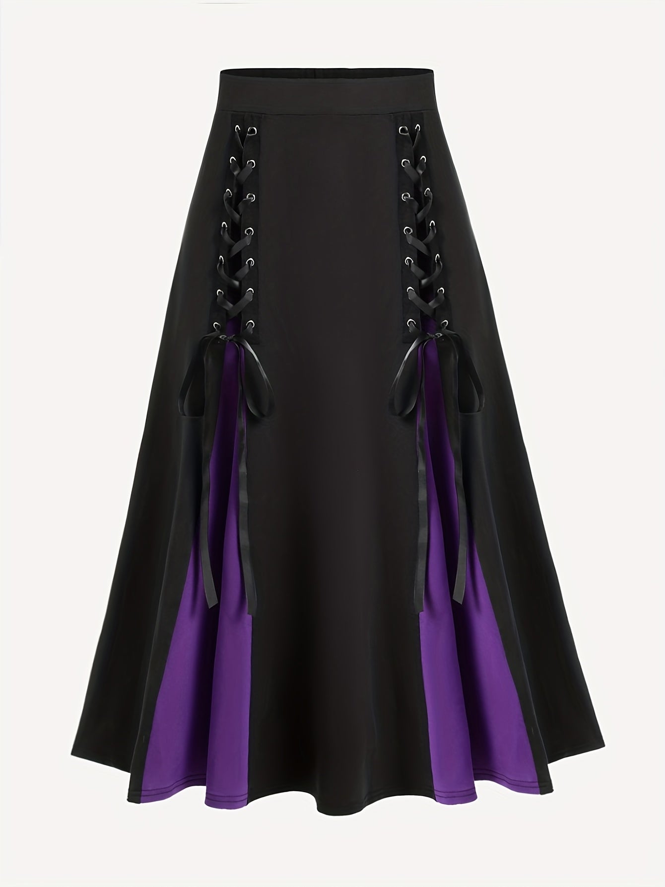 gbolsos  Plus Size Goth Skirt, Women's Plus Colorblock Grommet Lace Up Medium Stretch A-line Skirt