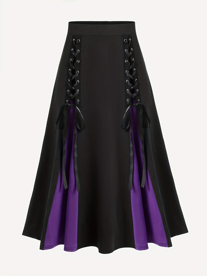 gbolsos  Plus Size Goth Skirt, Women's Plus Colorblock Grommet Lace Up Medium Stretch A-line Skirt