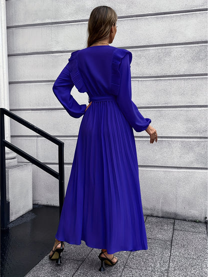Ruffle Trim Pleated Dress, Casual V Neck Long Sleeve Solid Dress, Women's Clothing